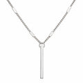 Silver necklace with a vertical bar pendant on a white background