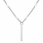 Silver necklace with a vertical bar pendant on a white background