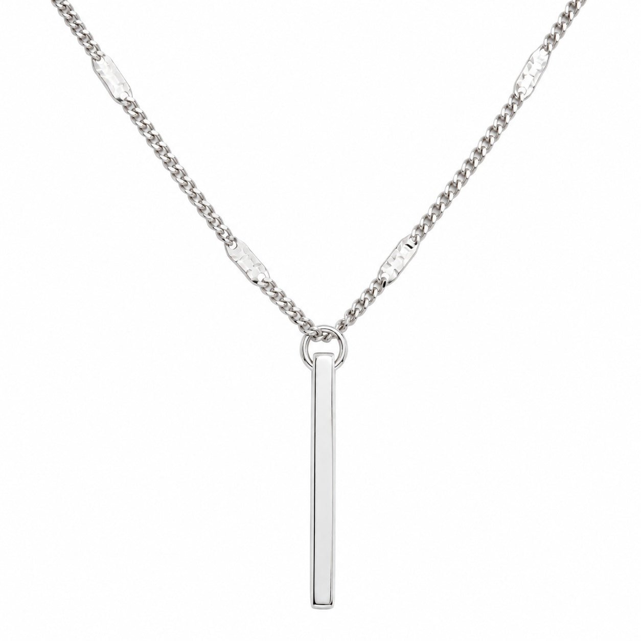Silver necklace with a vertical bar pendant on a white background