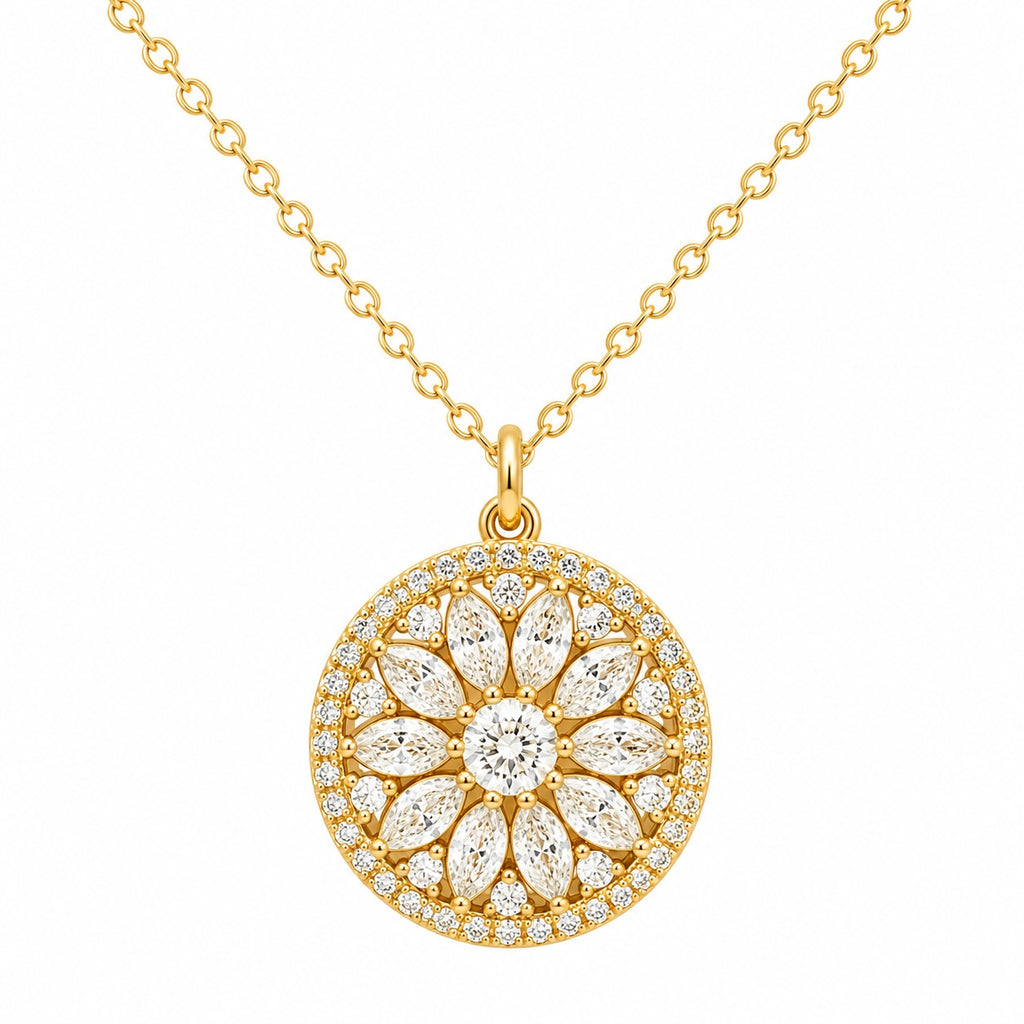 Gold necklace with a round, diamond-studded pendant on a white background