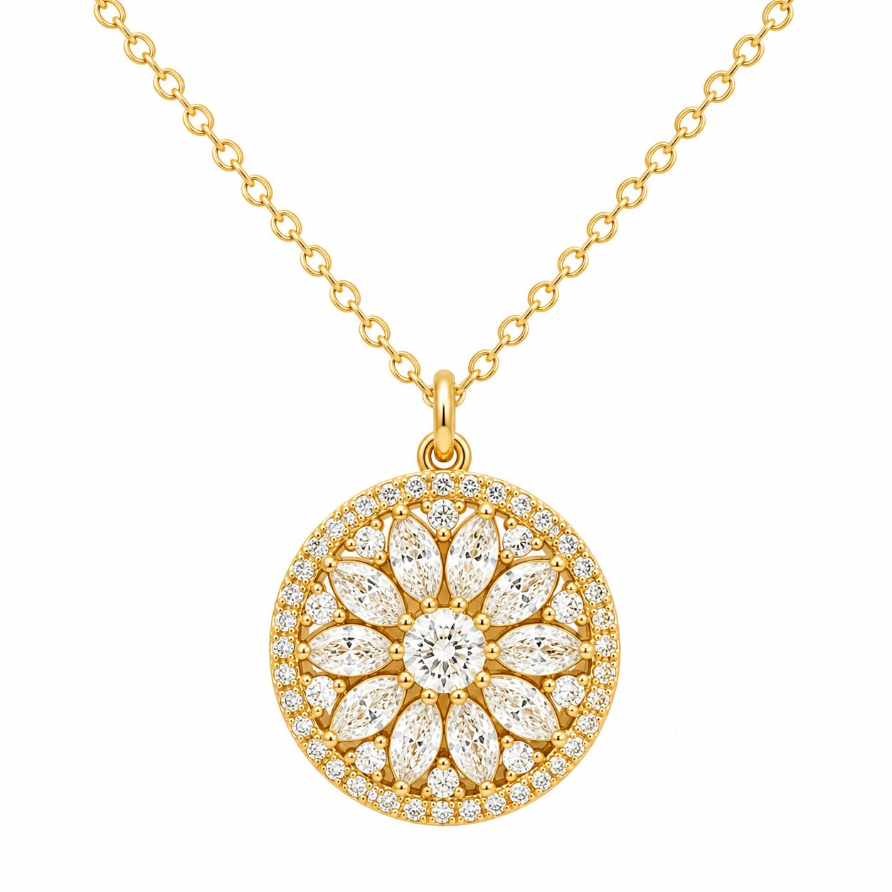 Gold necklace with a round, diamond-studded pendant on a white background
