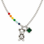 Necklace with teddy bear charm and colorful beads on a white background