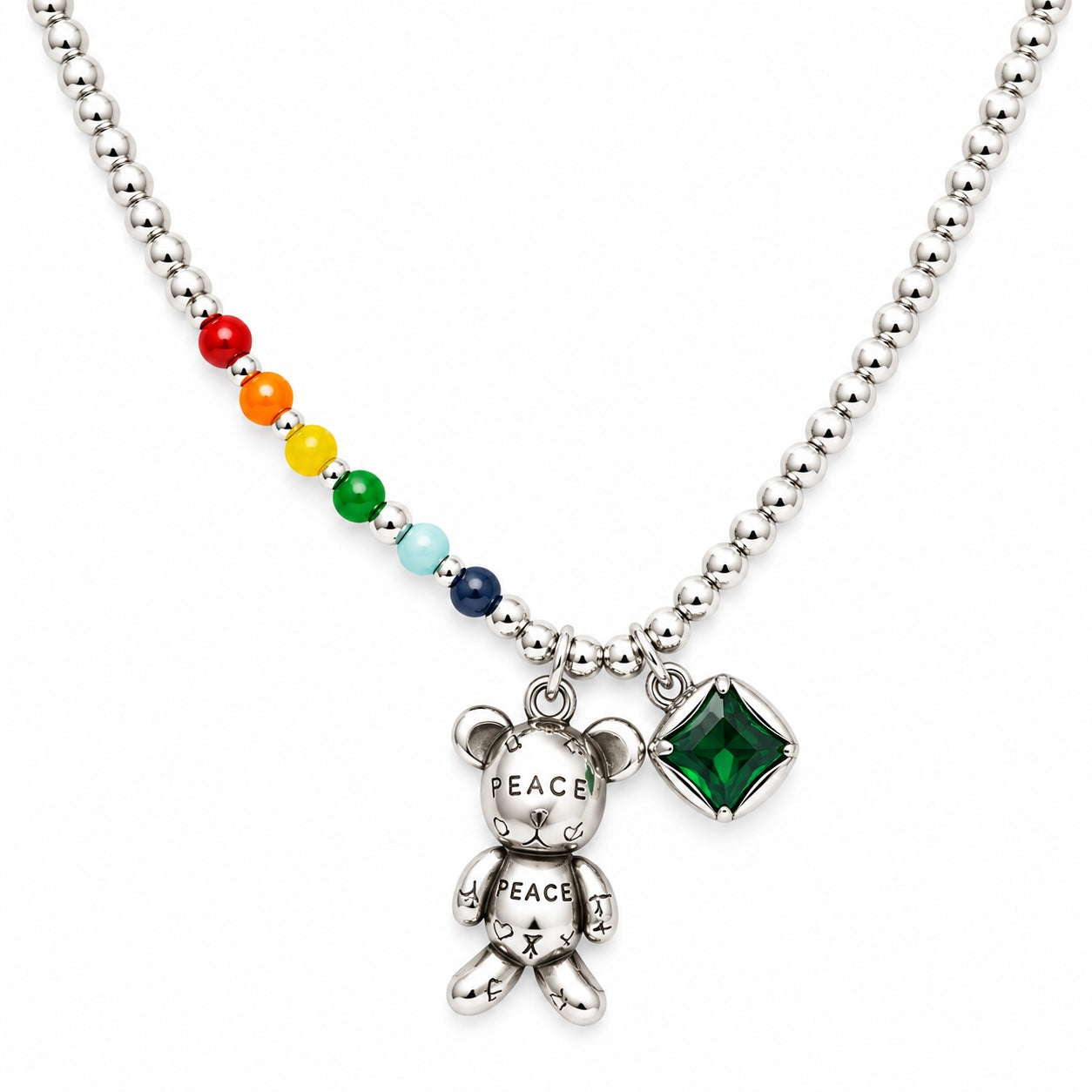 Necklace with teddy bear charm and colorful beads on a white background
