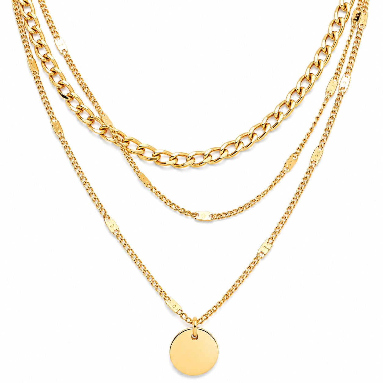 Three gold necklaces with different chain styles on a white background
