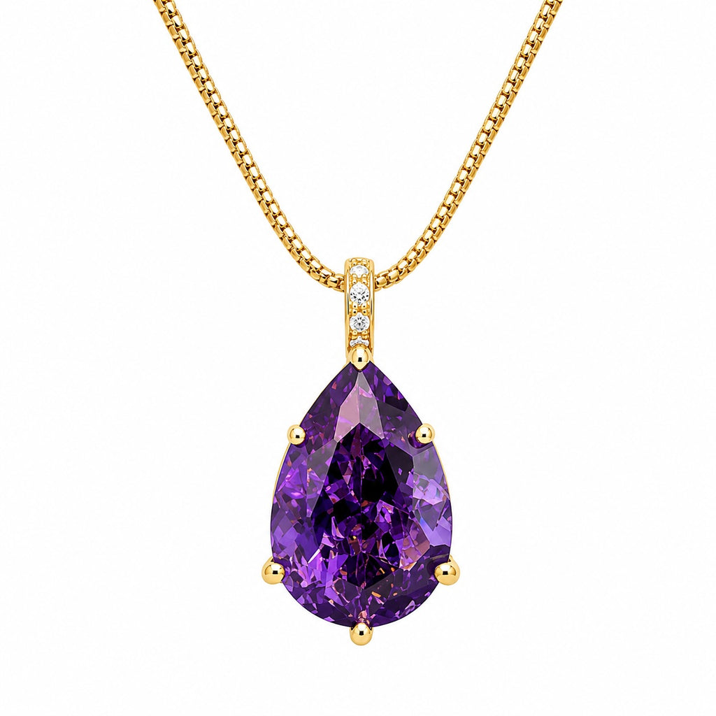 Purple teardrop-shaped gemstone pendant on a gold chain against a white background