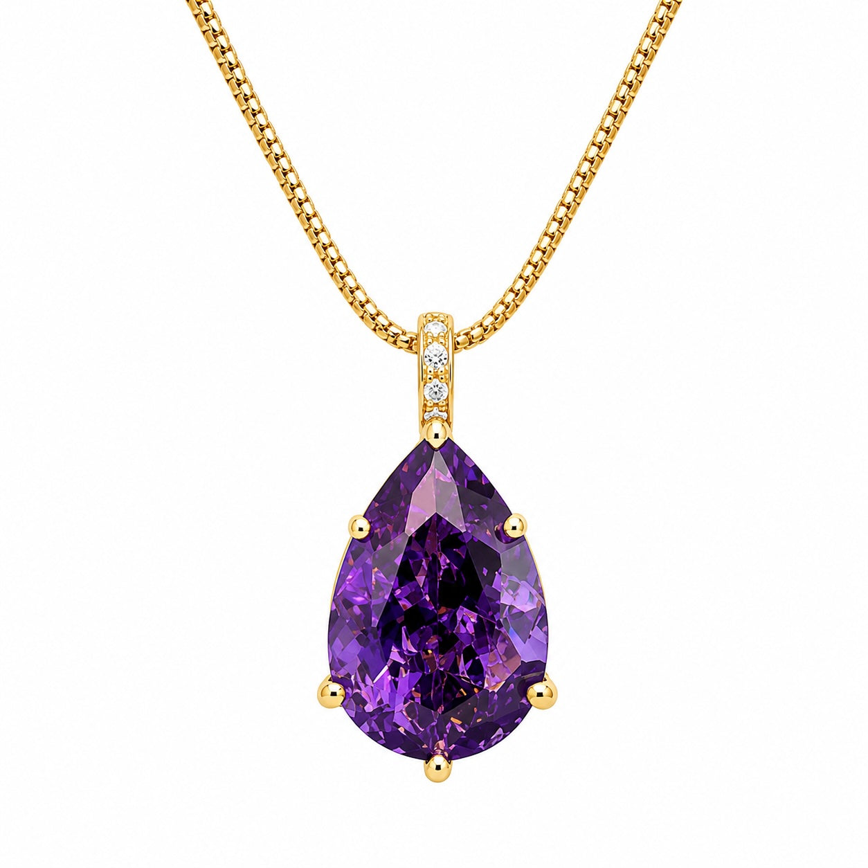 Purple teardrop-shaped gemstone pendant on a gold chain against a white background