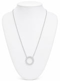Silver necklace with a circular pendant on a white mannequin bust.
