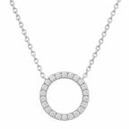 Silver necklace with a circular pendant on a white background