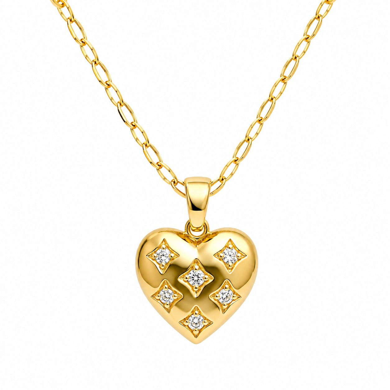 Gold heart-shaped pendant with diamond accents on a gold chain against a white background
