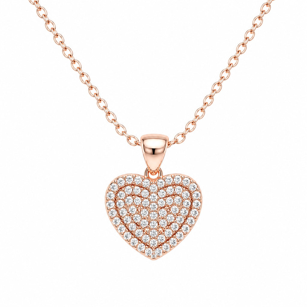 Rose gold heart-shaped necklace with diamonds on a white background