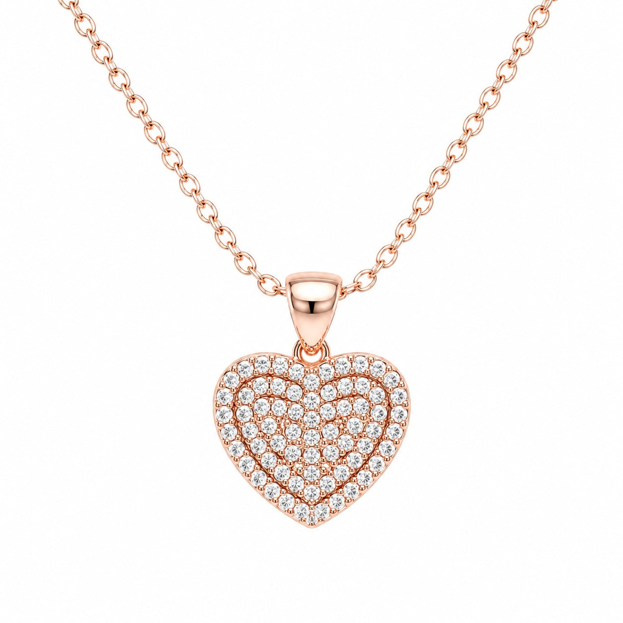 Rose gold heart-shaped necklace with diamonds on a white background