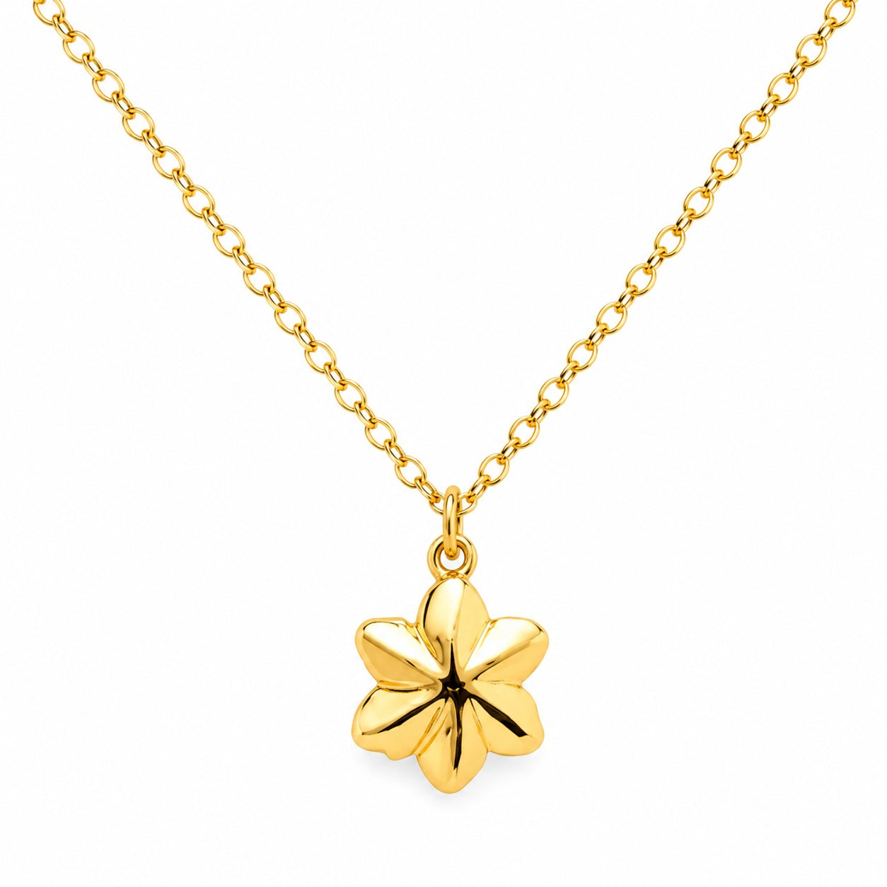 Gold necklace with a flower pendant on a white background