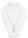 Silver necklace with a teardrop pendant on a white mannequin bust.