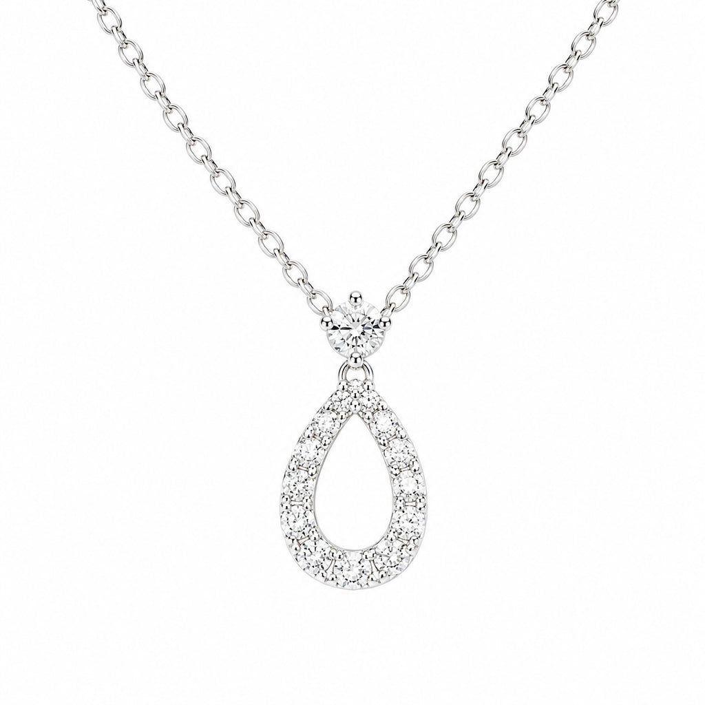 Silver teardrop pendant necklace on a white background