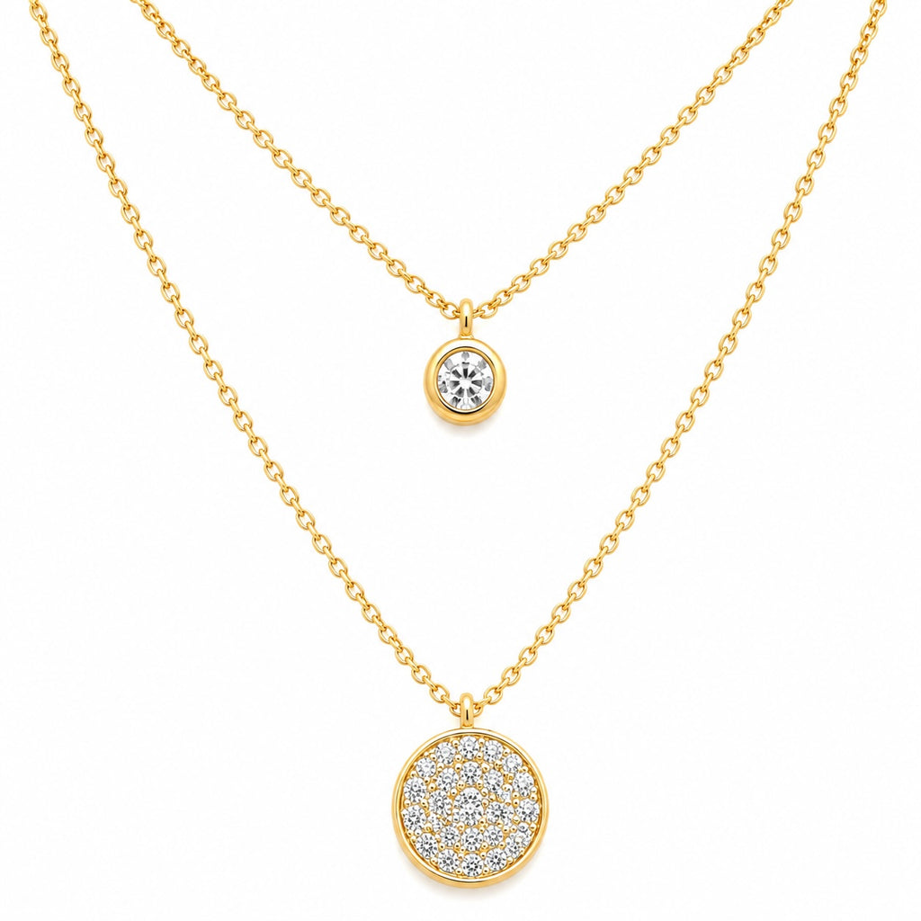 Two gold necklaces with round pendants on a white background