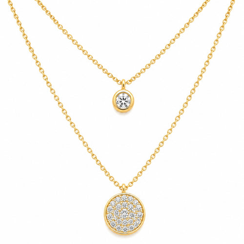 Two gold necklaces with round pendants on a white background