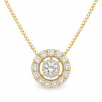 Gold necklace with a round diamond pendant on a white background