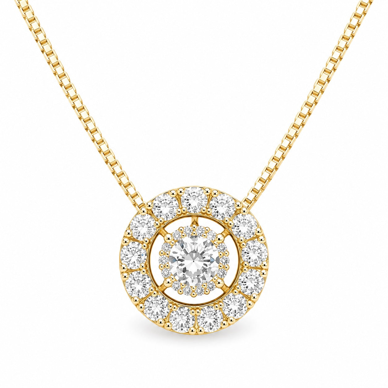 Gold necklace with a round diamond pendant on a white background