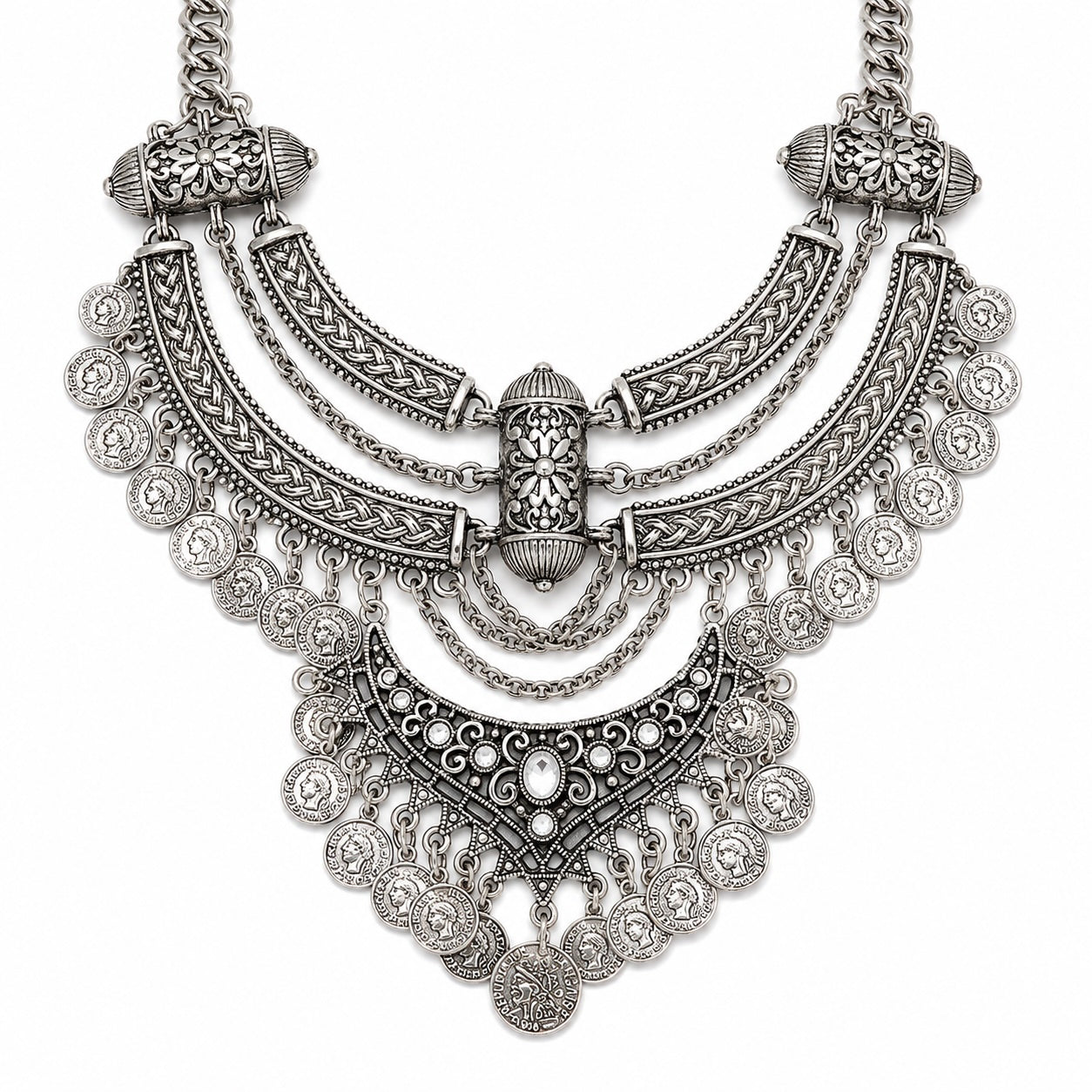 Ornate silver necklace on a white background