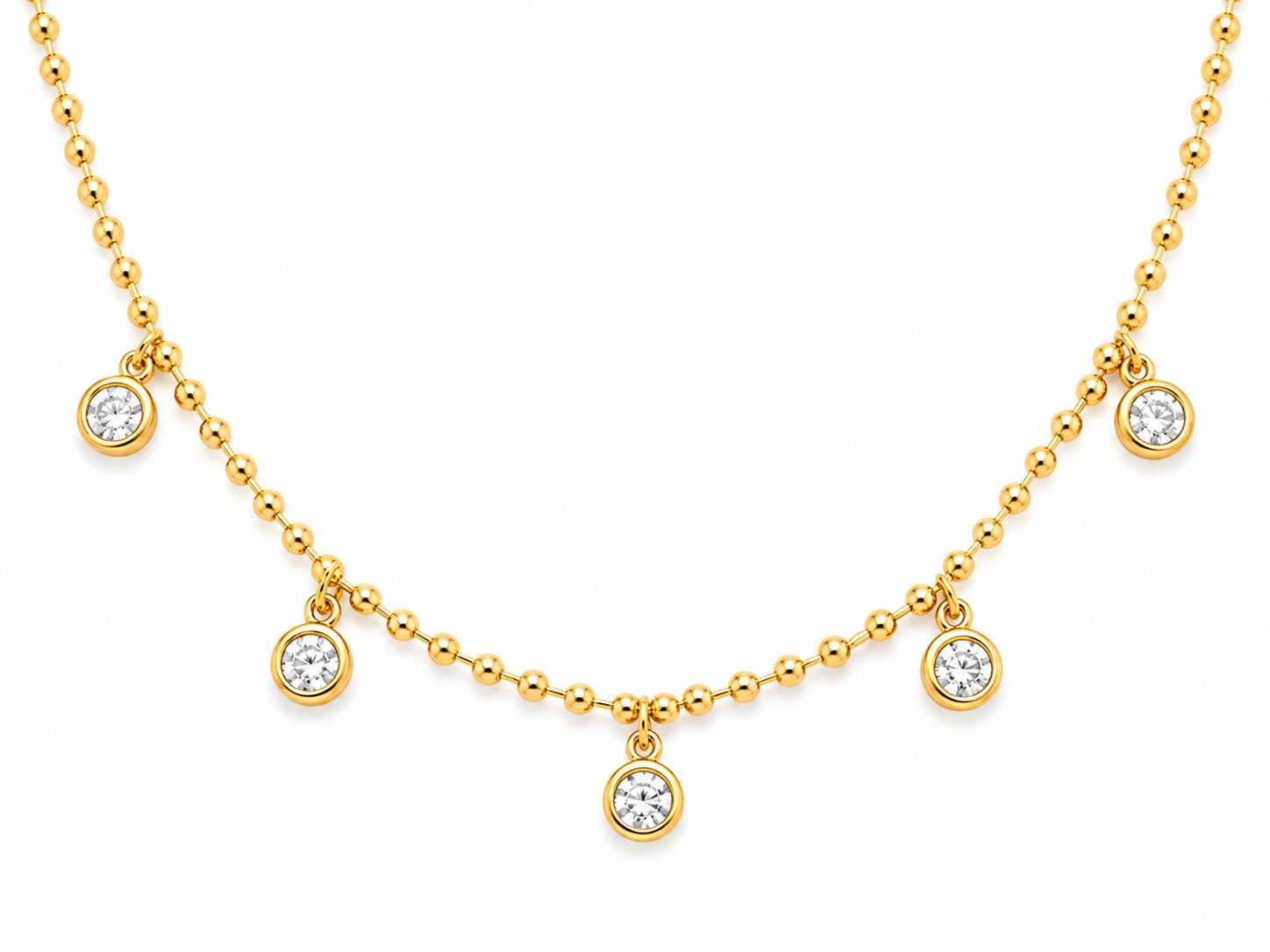 Gold necklace with diamond pendants on a white background