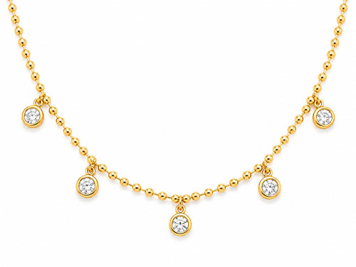 Gold necklace with diamond pendants on a white background