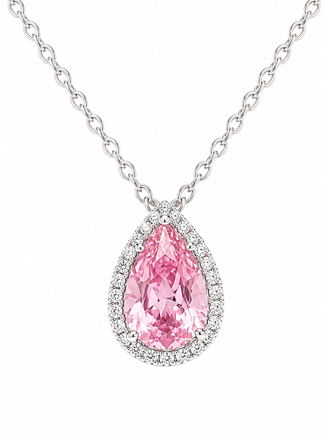 Pink teardrop-shaped gemstone necklace on a white background