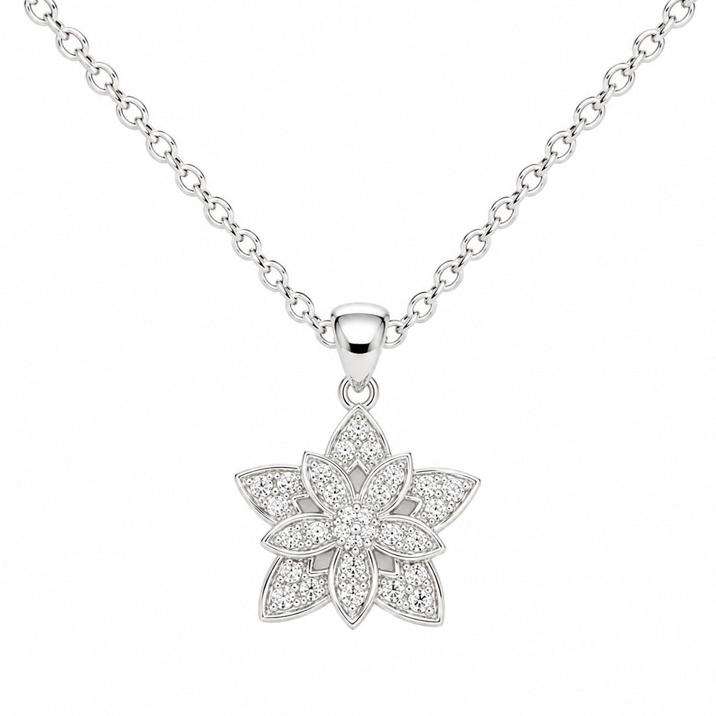 Silver flower-shaped pendant necklace on a white background