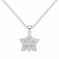 Silver flower-shaped pendant necklace on a white background