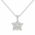 Silver flower-shaped pendant necklace on a white background
