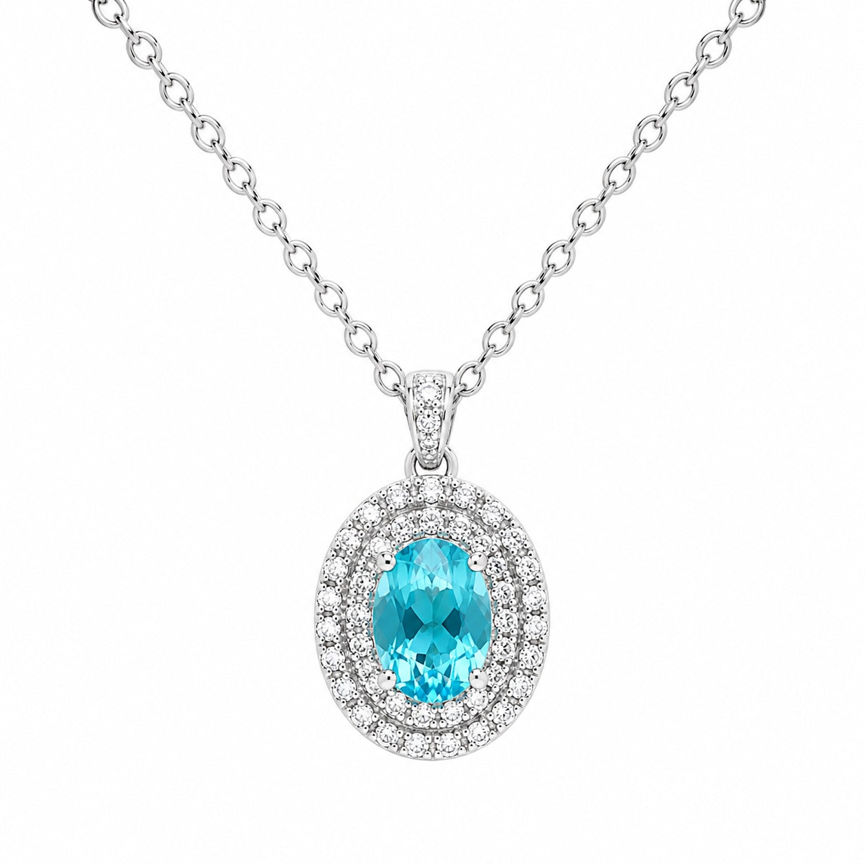 Diamond necklace with a blue gemstone on a white background