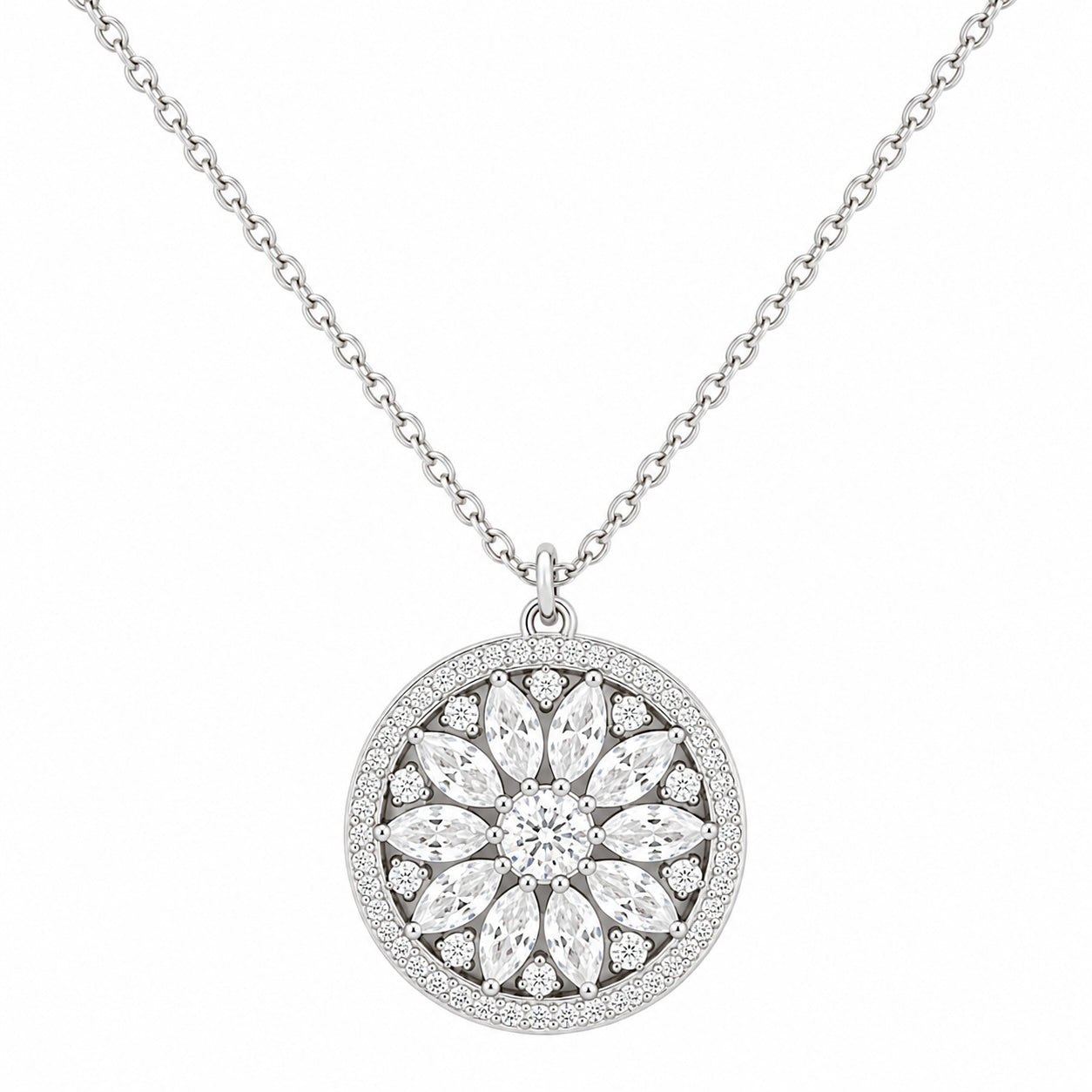 Silver necklace with a round, diamond-studded pendant on a white background