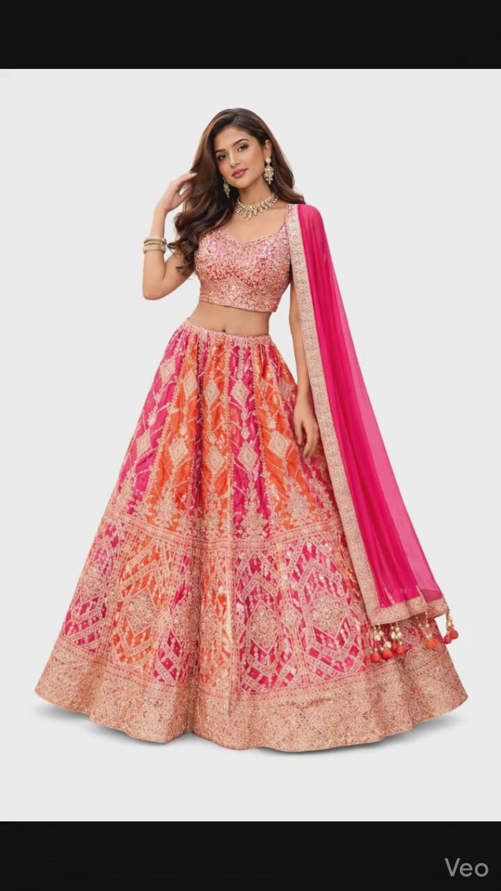 Royal Rani Pink & Sunset Orange Embroidered Lehenga Set