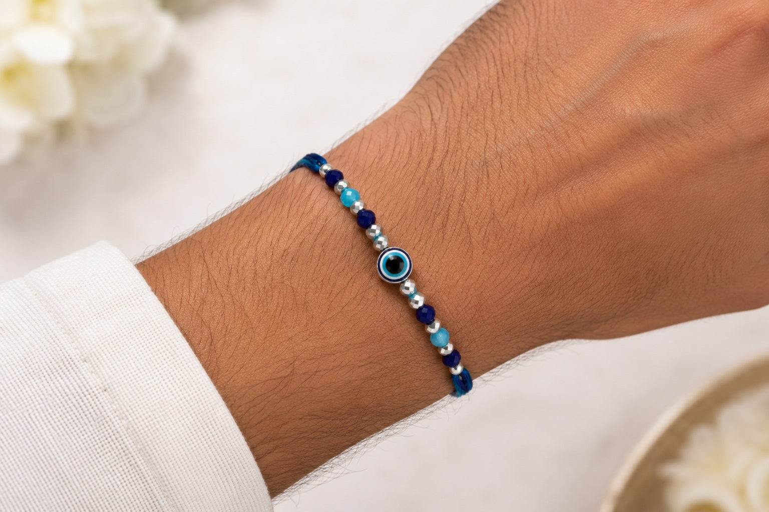 Blue Evil Eye Rakhi – Handmade Protective Beaded Rakhi