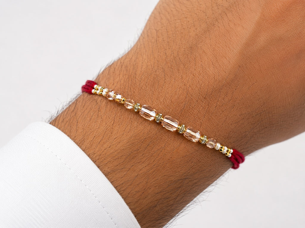 Minimalist Pearl & Gold Bead Rakhi – Elegant Handmade Raksha Bandhan Bracelet