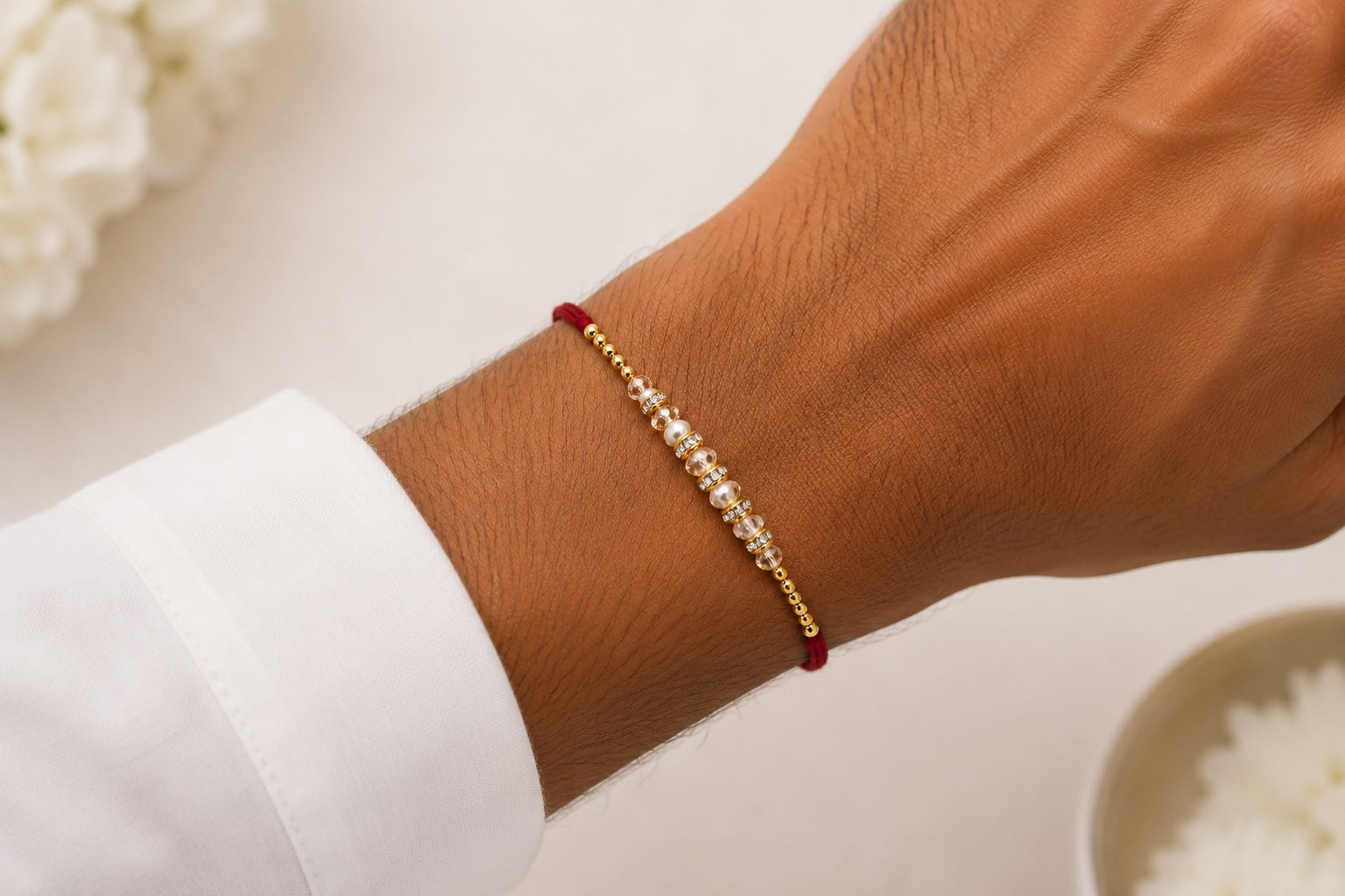 Minimalist Pearl & Gold Bead Rakhi – Handmade Raksha Bandhan Bracelet