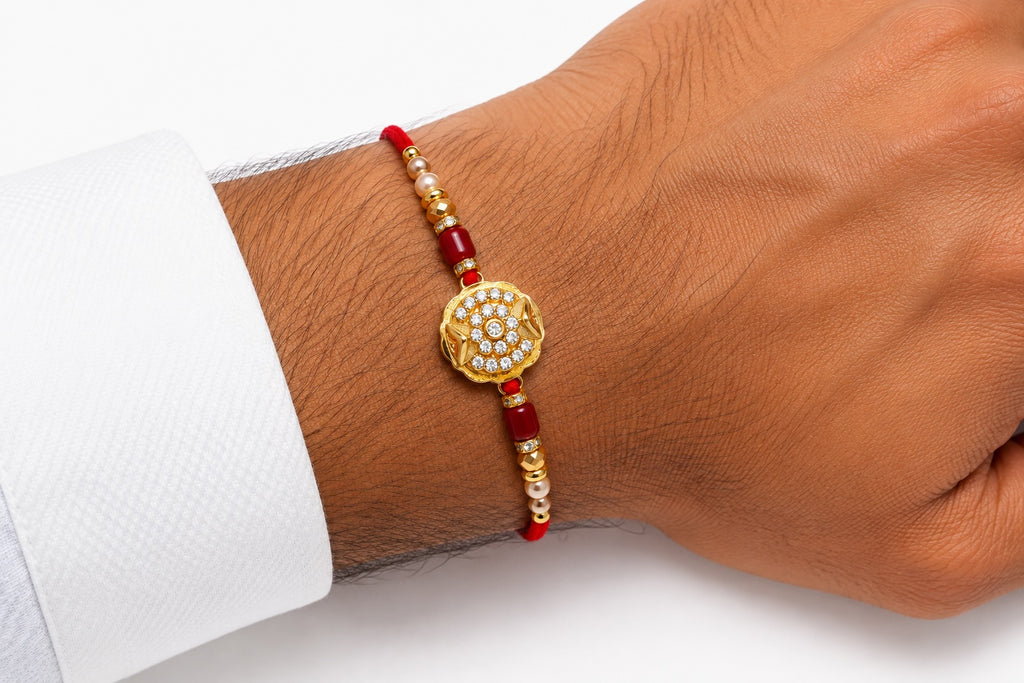 Royal Crystal Designer Rakhi – Gold & Pearl Rakhi for Brother