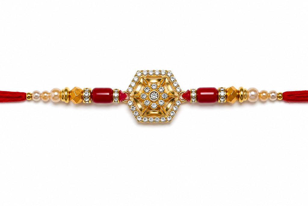Royal Hexagon Crystal Rakhi – Premium Gold Designer Rakhi for Brother