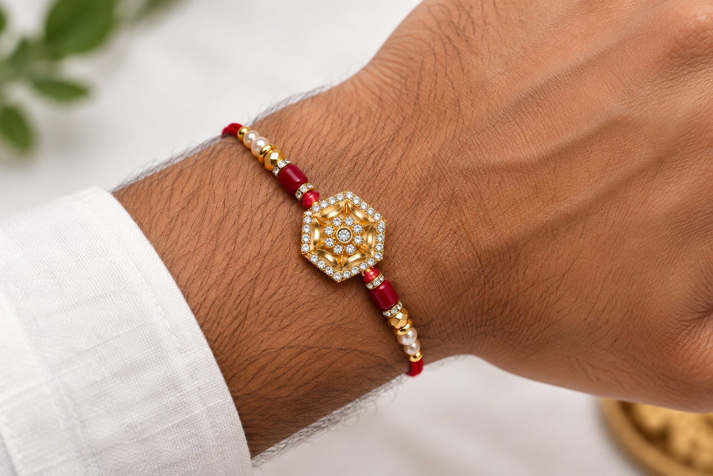 Royal Hexagon Crystal Rakhi – Premium Gold Designer Rakhi for Brother