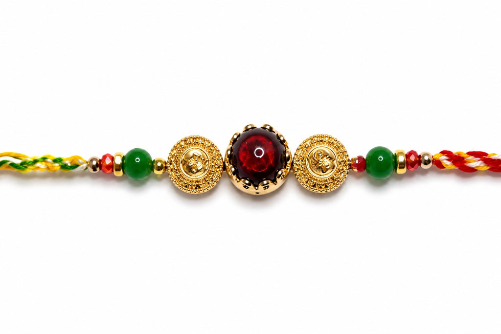 Royal Ruby Red Designer Rakhi – Premium Gold Rakhi for Brother