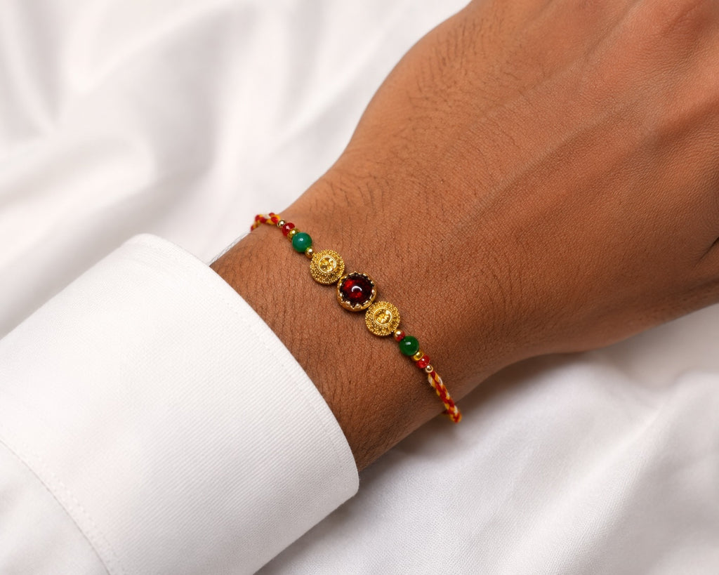 Royal Ruby Red Designer Rakhi – Premium Gold Rakhi for Brother