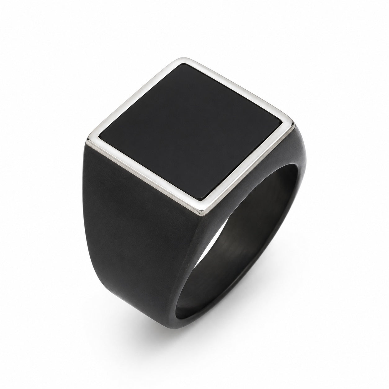Black square stone ring with silver rim on a white background