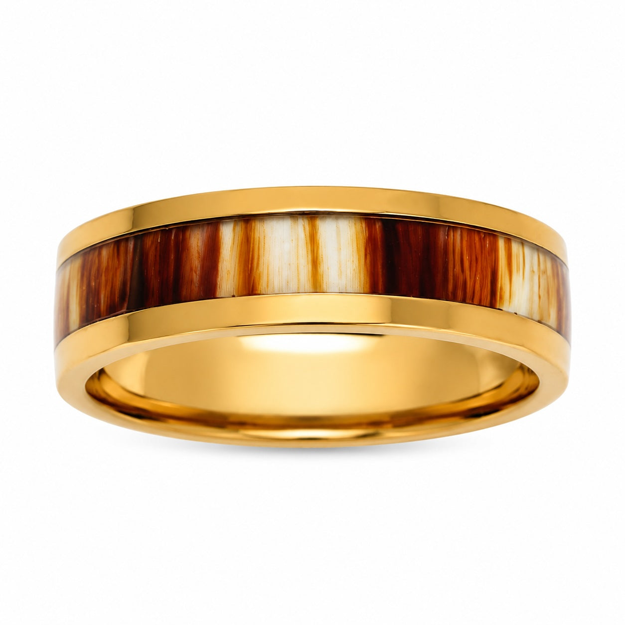 Gold ring with a wooden inlay on a white background