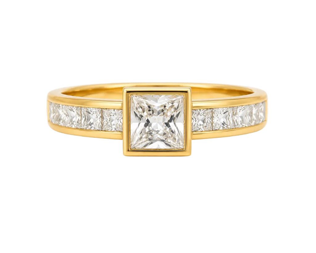 Gold ring with a central diamond and smaller diamonds on a white background
