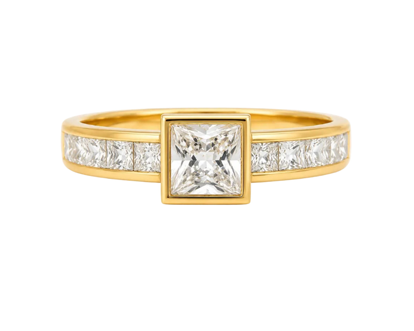 Gold ring with a central diamond and smaller diamonds on a white background
