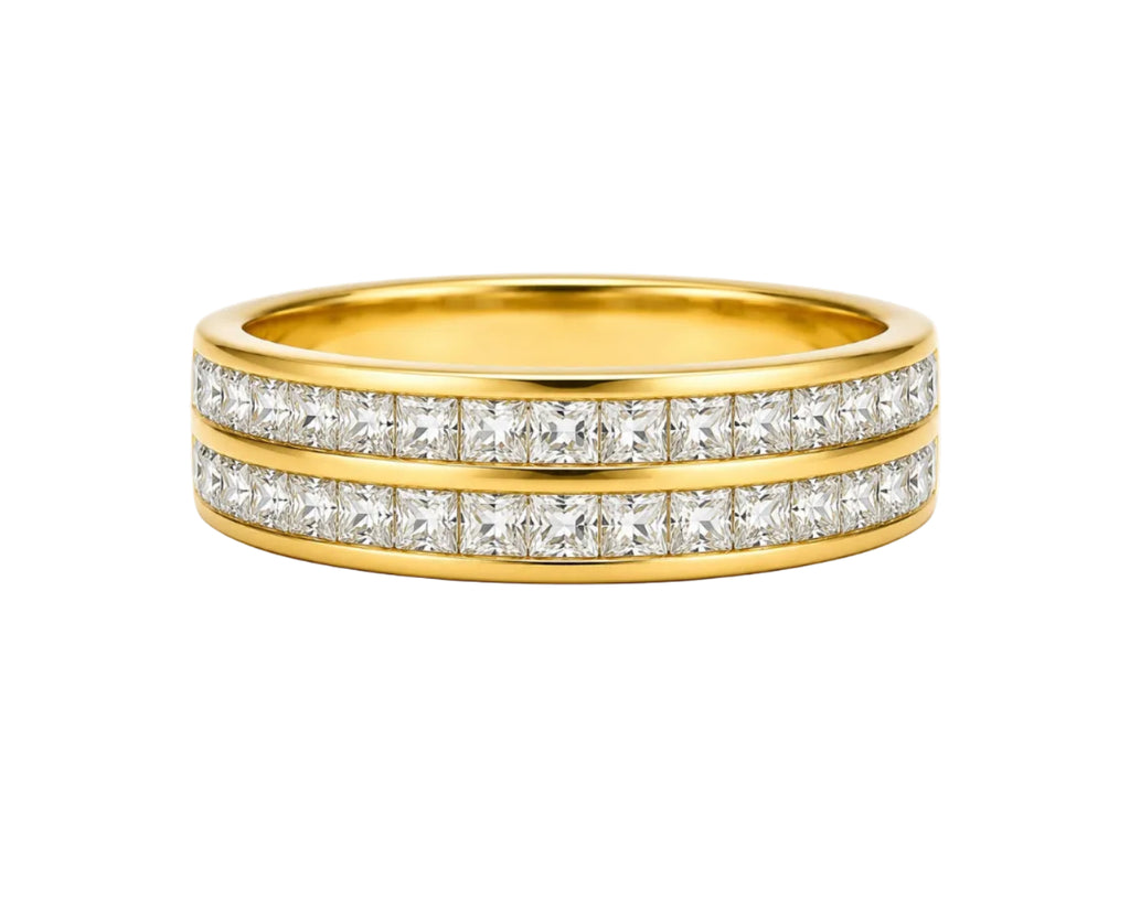 Gold ring with diamond accents on a white background