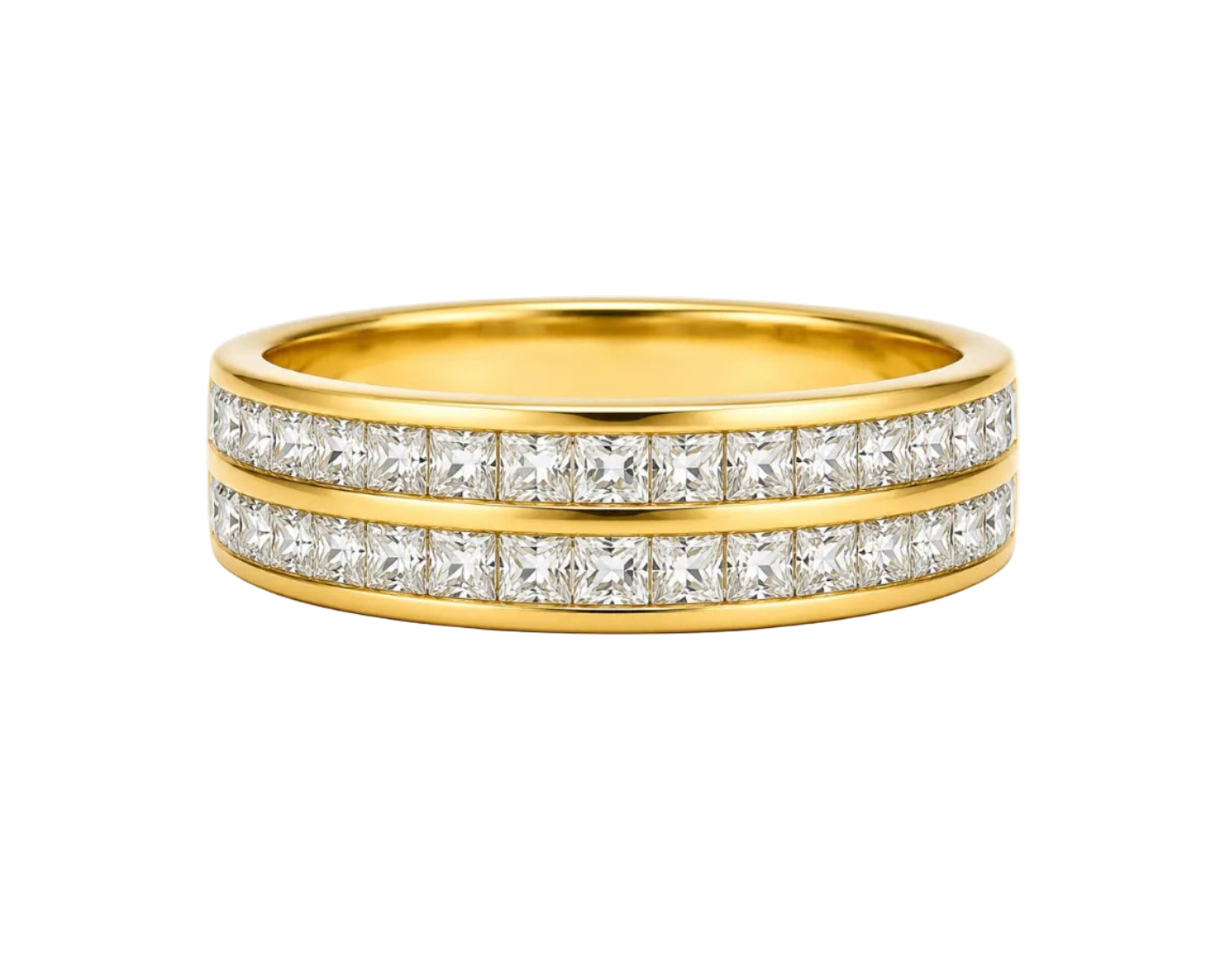 Gold ring with diamond accents on a white background