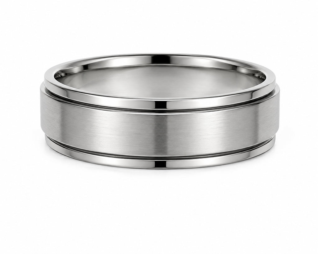 Silver ring with a brushed finish on a white background