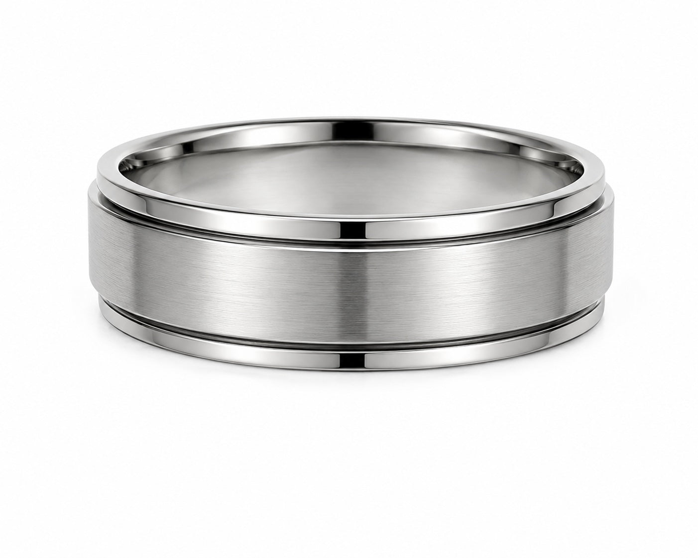 Silver ring with a brushed finish on a white background