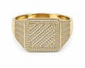 Gold ring with diamond-studded design on a white background