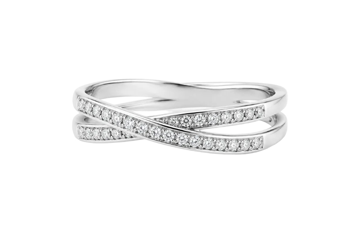 Silver ring with diamond accents on a white background